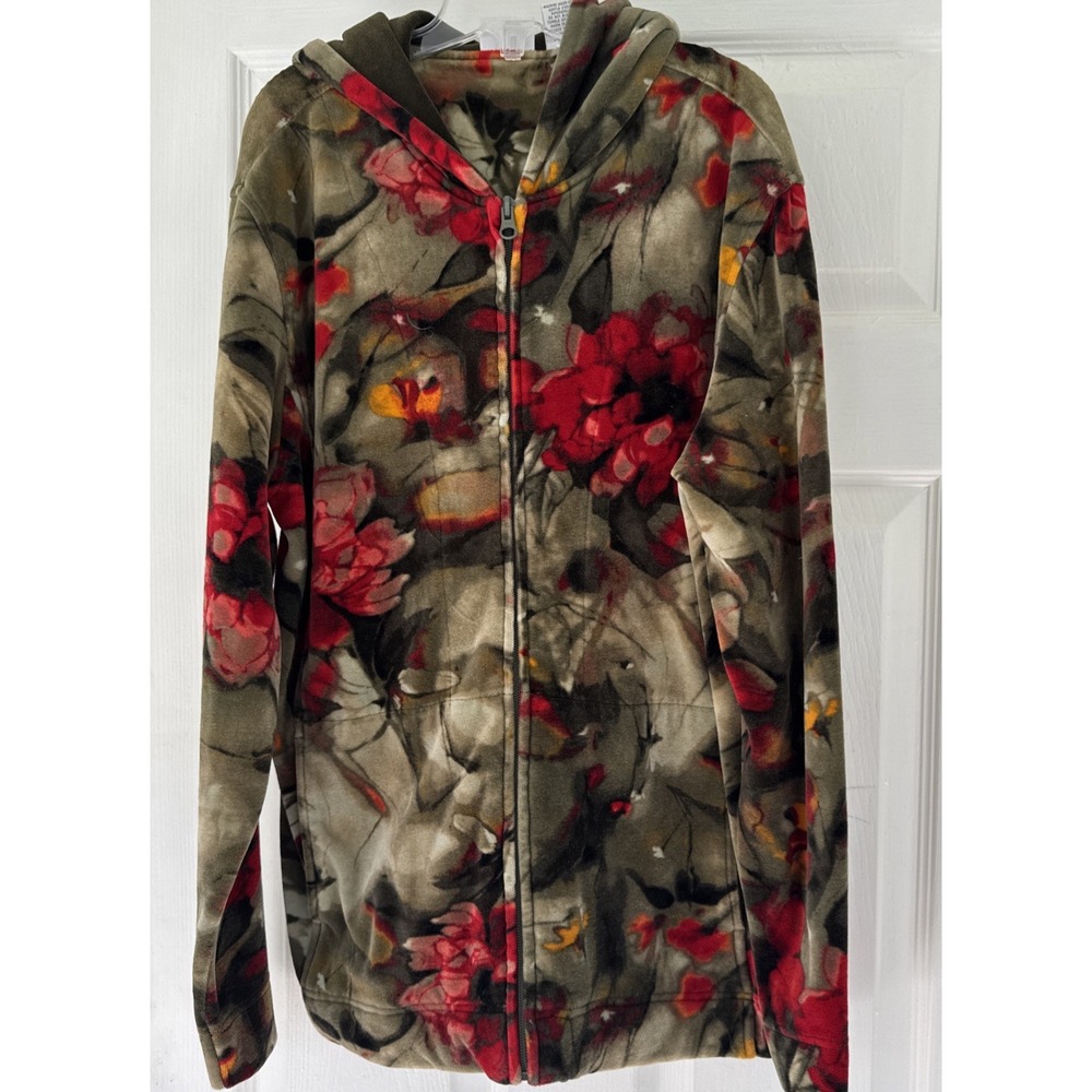 Spa by Chico's Full Zip Velour Jacket womens sz 2 (US L) Green Floral Print